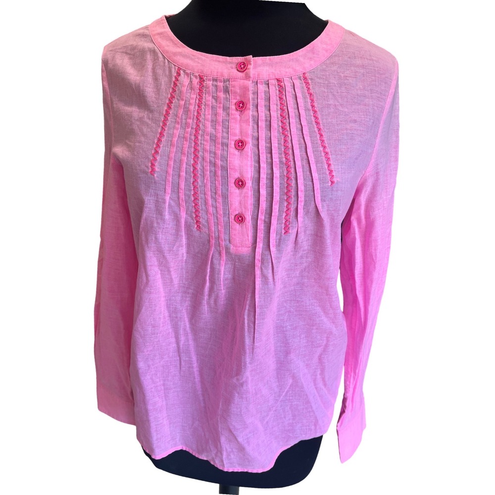 Vineyard Vines Womens XS Pink Cotton Pintuck Pleated Long Sleeve Blouse Top